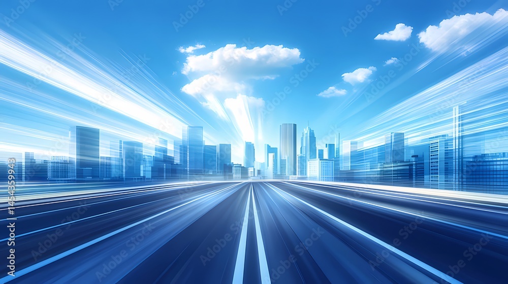Aufkleber 青空の下 未来的な都市の高速道路の風景 輝く光線と青い色調の都市景観