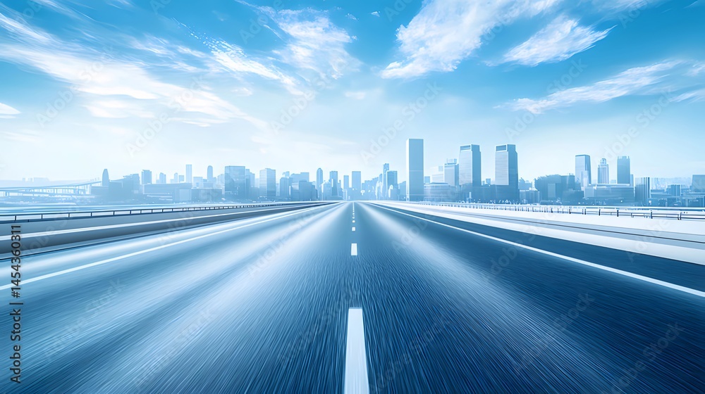 Aufkleber 青い空の下の都市の高速道路の風景 写真に写る真っ直ぐな道と都市のシルエット