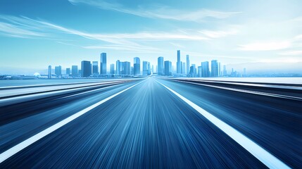 青い空の下の都市への高速道路の風景 高層ビルの背景と青い色のモダンなデザイン