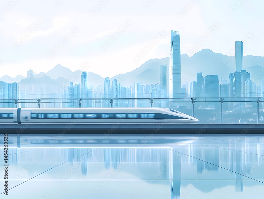 Aufkleber 青い空と山々を背景に高速走行する未来的な電車 都会のモダンな風景 交通と輸送のコンセプト