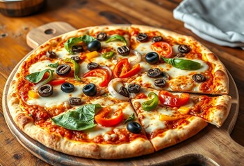Veggie pizza with melted mozzarella cheese and colorful vegetables