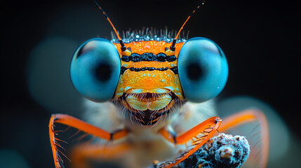 Close-up of a colorful dragonfly resting on a plant stem in a shadowed outdoor environment