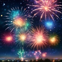 Fototapeta premium Dazzling display of fireworks bursting in a variety of colors against the night sky, symbolizing celebration festivity