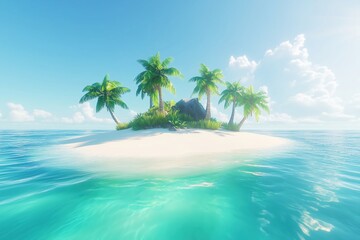 Bright tropical island with palm trees and turquoise ocean under blue sky