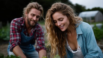 Fototapeta premium Happy Couple Gardening Together Outdoors in Garden or Farm During Daytime