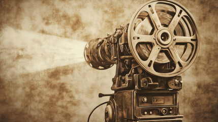Naklejka premium A sepia-toned photo of a vintage reel movie projector, styled for a classic cinema look
