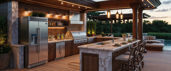 Luxurious outdoor kitchen with stainless steel appliances and a stylish bar area