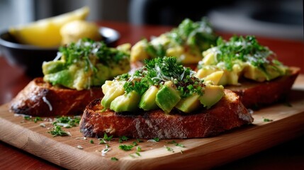 Toasted bread topped with avocado slices and garnished with herbs on a wooden platter with a side dish in the background