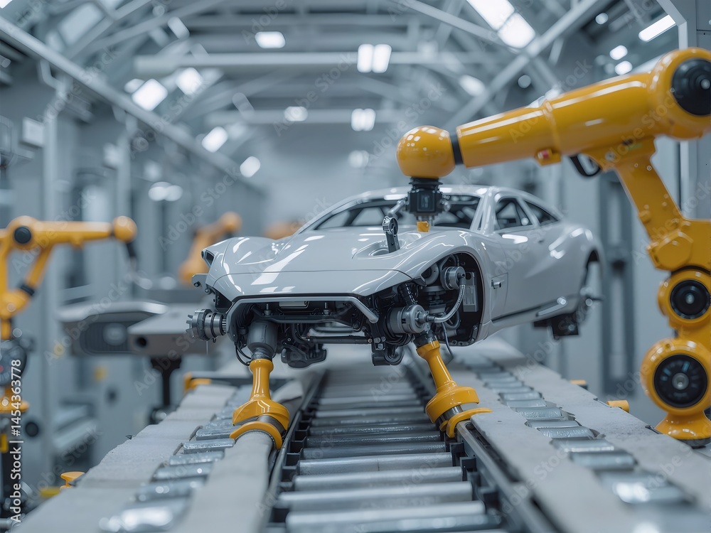 Poster 工場内の自動車製造プロセスをロボットアームが組み立て 白い車体と黄色の機械的なアーム 現代的な製造技術