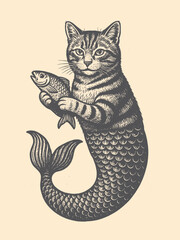 Cat mermaid holding fish — engraving black and white vector