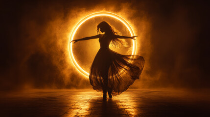 A silhouette of a woman dancing elegantly in front of a glowing circle of light, captured from a low angle