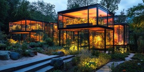 Fototapeta premium A modern arboretum with transparent treehouses and glowing plant displays, celebrating nature s diversity.