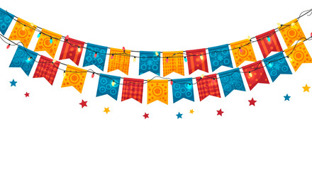 Festive banner of colorful pennants with string lights and star decorations. Cartoon graphic style on black background.