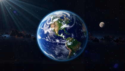 Fototapeta premium Earth in Space with Sunlight and Moon 