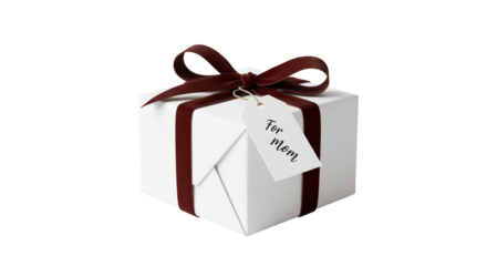 Elegant white gift box adorned with rich, dark red ribbon and a "For Mom" tag, perfect for Mother's Day or any special occasion.