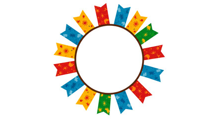 Colorful flags decorate a black circle frame, creating a festive border, ideal for party invitations or celebratory announcements.