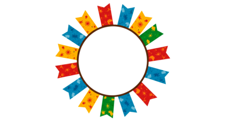 Colorful flags decorate a black circle frame, creating a festive border, ideal for party invitations or celebratory announcements.