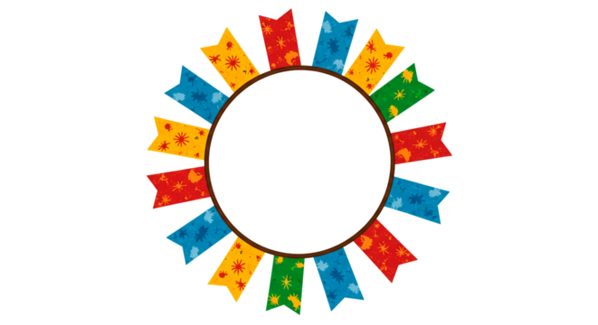 Colorful flags decorate a black circle frame, creating a festive border, ideal for party invitations or celebratory announcements.
