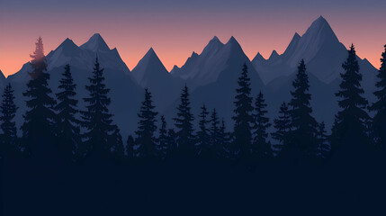 Fototapeta premium Silhouetted pine trees line a mountain range at sunset. A tranquil, peaceful landscape