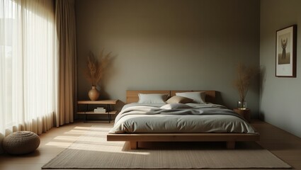 The wabi sabi bedroom features a wooden bed with white sheets, a blue duvet, botanical motifs on top, and sheer curtains, a wooden bedside table with dried flowers and a chair, a serene atmosphere.
