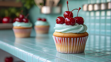 Cupcakes topped with cherries on a retro kitchen counter