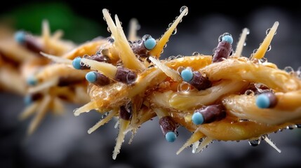 Close-up of a melting birthday cake with colorful sprinkles and candles, on a black background