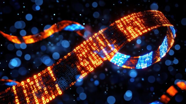 Digital ribbon of binary code swirling in space