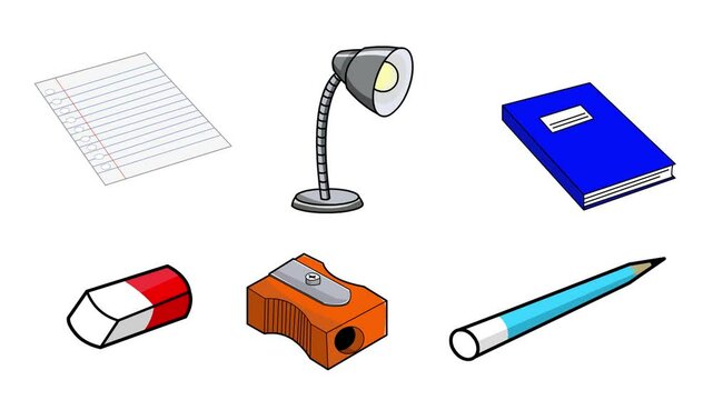 Animated video of school supplies, pencil sharpener, pencil, eraser, book, paper and lamp in cartoon style on a white background, art.