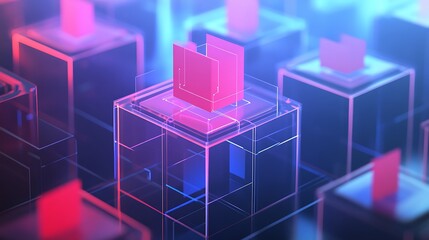 Abstract digital design of translucent cubes with glowing lines.