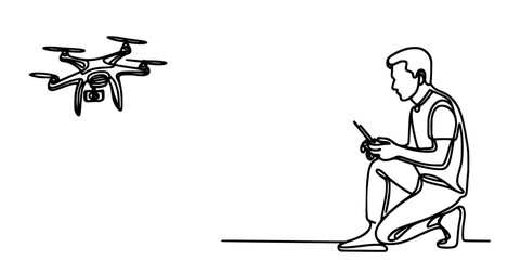 Minimalist Drone Pilot, One-Line Sketch of Human-Technology Interaction, refined line drawing presents a drone and its operator, focusing on the essential elements of flight, control, and technology