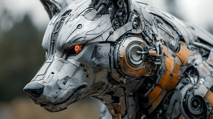 Close-up of a metallic robotic wolf with mechanical detail