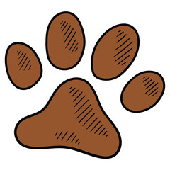 Hand drawn cartoon brown paw print on white background.