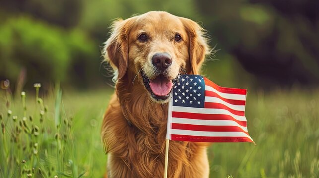 Portrait of a happy golden retriever dog holding an American flag in its mouth on a blurred green background. Concept of celebrating America's Day