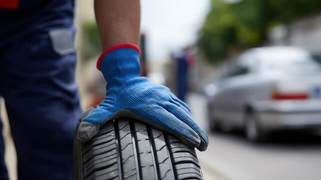 Close Up Outdoor Inspection of Tire Maintenance by Mechanic in Blue Gloves Attention to Detail in Automotive Repair and Vehicle Care