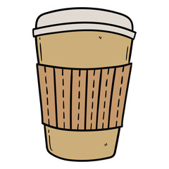 Hand drawn cartoon paper cup with coffee on white background.