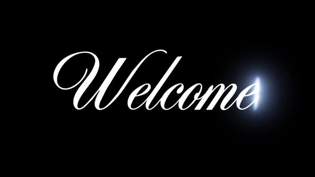 Title Word welcome in white cursive on a black background. Suitable for inviting designs, social media graphics, greeting cards, and event posters.