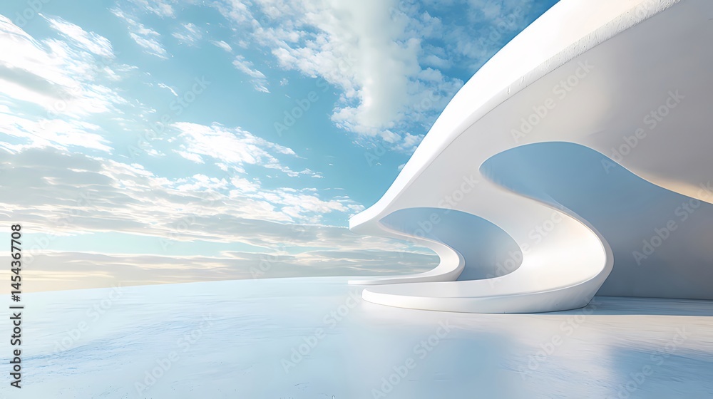 Poster 白い曲線の未来的な建築デザイン 青空と雲を背景にした屋外シーン