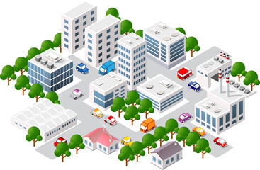 Isometric view of the city. Collection of houses 3D
