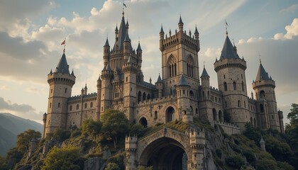 Obraz premium Majestic Hilltop Castle at Sunset, Stone Architecture and Toweri