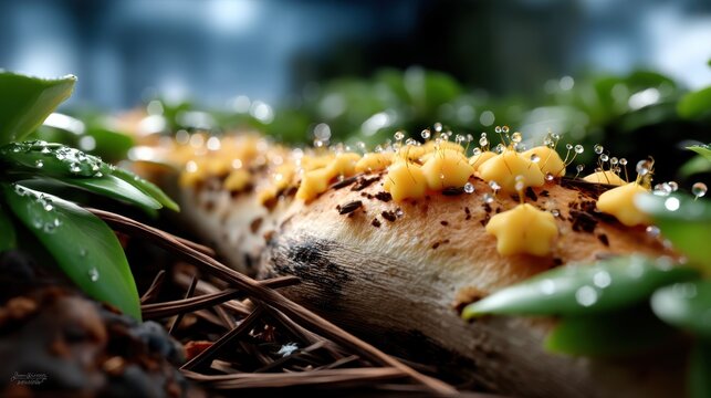 Close-up of a polypore mushroom with yellow fungi and droplets on the forest floor - Powered by Adobe