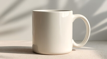 Fototapeta premium Minimalist Mockup Presentation of a White Ceramic Mug on a Bright Surface with Tropical Leaves Shadows for Coffee or Tea Drinkers Display