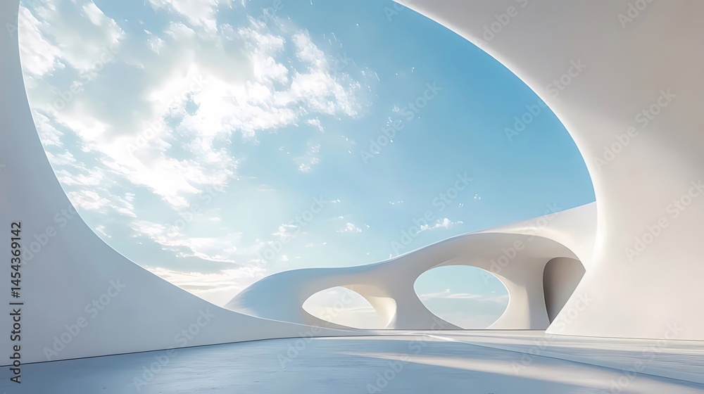Poster 未来的な白い建築構造と青い空 広々とした空間と曲線のデザインのレンダリング