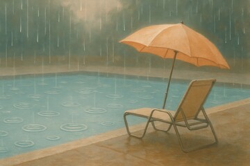 Fototapeta premium Empty poolside with orange umbrella and lounge chair in the rain