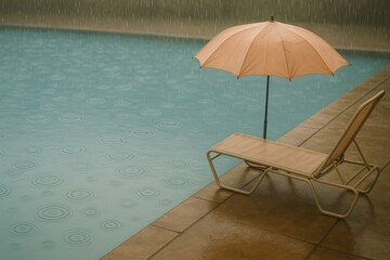 Fototapeta premium Empty lounge chair and umbrella by poolside in rainy weather