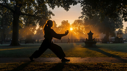 Silhouetted female martial artist practicing in park at sunrise.  Sunrise silhouettes of figures, golden light,  trees and park benches visible