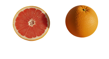 Pink grapefruit half and orange on Transparent Background