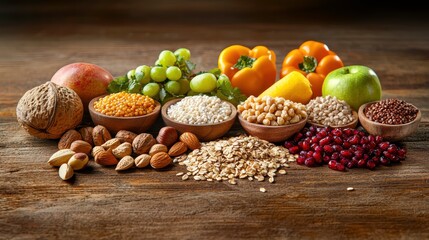 An assortment of nutritious foods, including nuts, fruits, vegetables, and whole grains, is arranged on a table, highlighting the importance of a balanced diet.