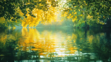 Fototapeta premium An artistic depiction of trees reflected in water, blending vivid greens and yellows in a blurred riverside scene