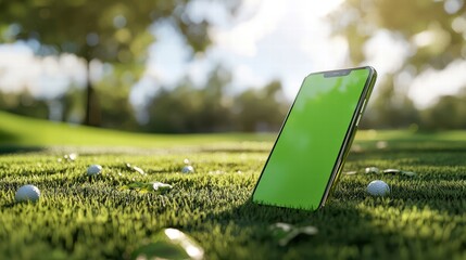 Smartphone with green screen on a golf course, ideal for sports app promotions or event coverage.