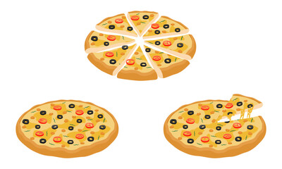 full pizza and slice set vector illustration isolated on white background